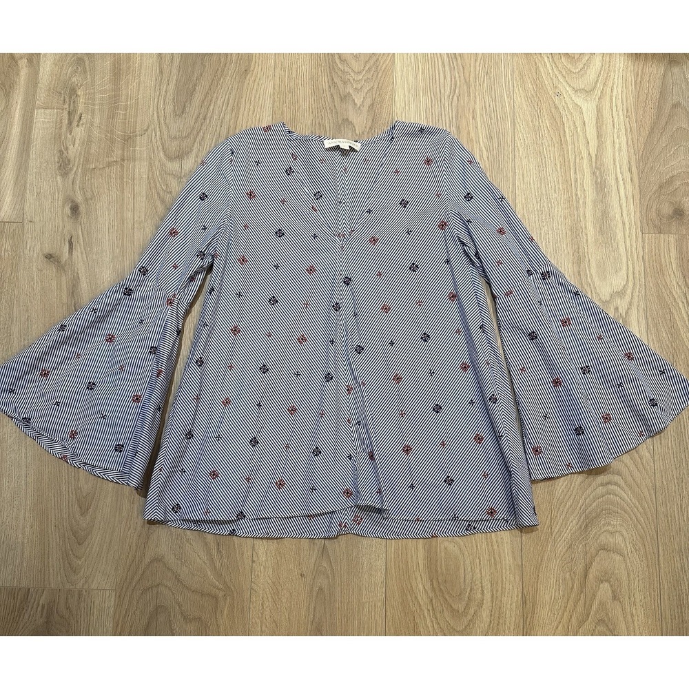 Ann Mashburn Popover Poplin Blouse Blue Stripe Embroidered Bell Sleeve‎ Sz S EUC